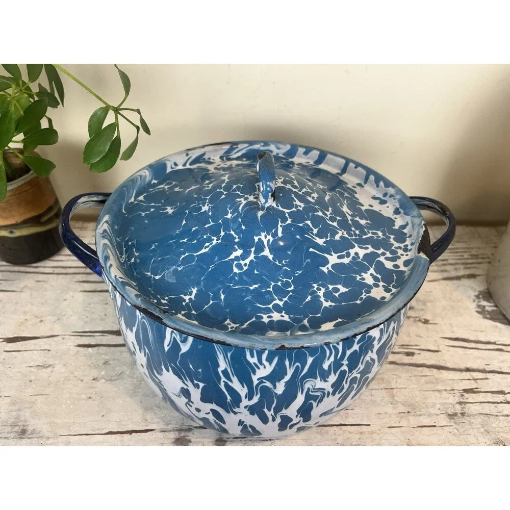 Antique Blue Swirl Graniteware Saucepan W/Lid And Handles 8”x 6” Country Rare